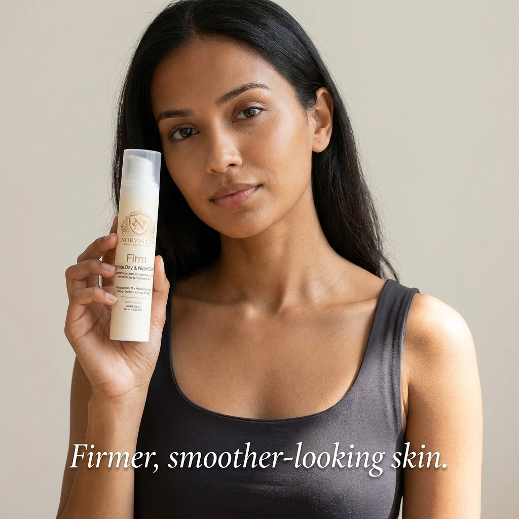 Peptide Face Cream in a white pump bottle held by a woman, with a cream label and firm day and night branding