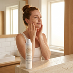Peptide Face Cream in a white pump bottle with gold detailing, shown beside a woman gently applying skincare to her face