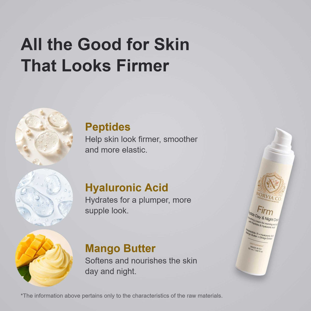 Peptide Face Cream in a white pump bottle, with gold-toned label and illustrated ingredient callouts for peptides, hyaluronic acid and mango butter.