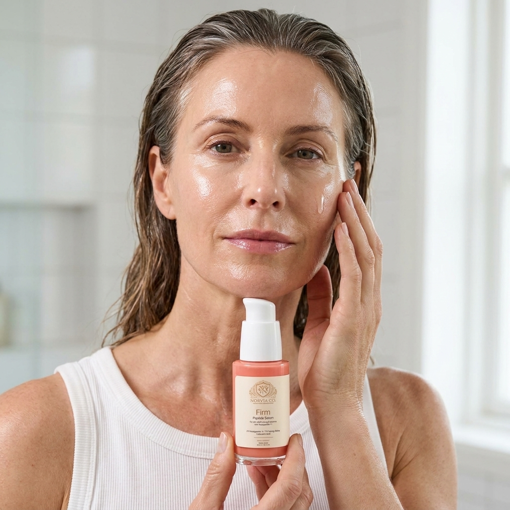 Peptide Serum in a coral-toned bottle with a white pump, held beside a woman's face as she touches her skin