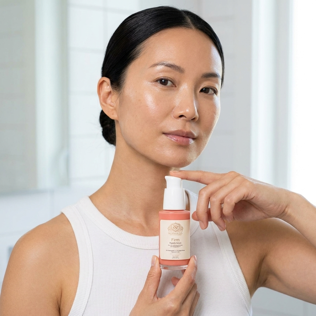 Woman pressing the pump of Norvia Co. Firm Peptide Serum