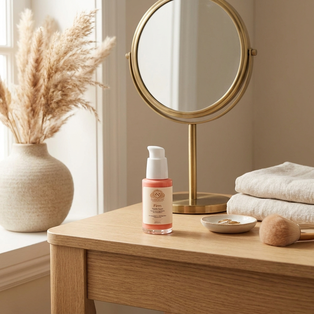 Peptide Serum in a pink glass bottle with a white pump and cream label marked Firm