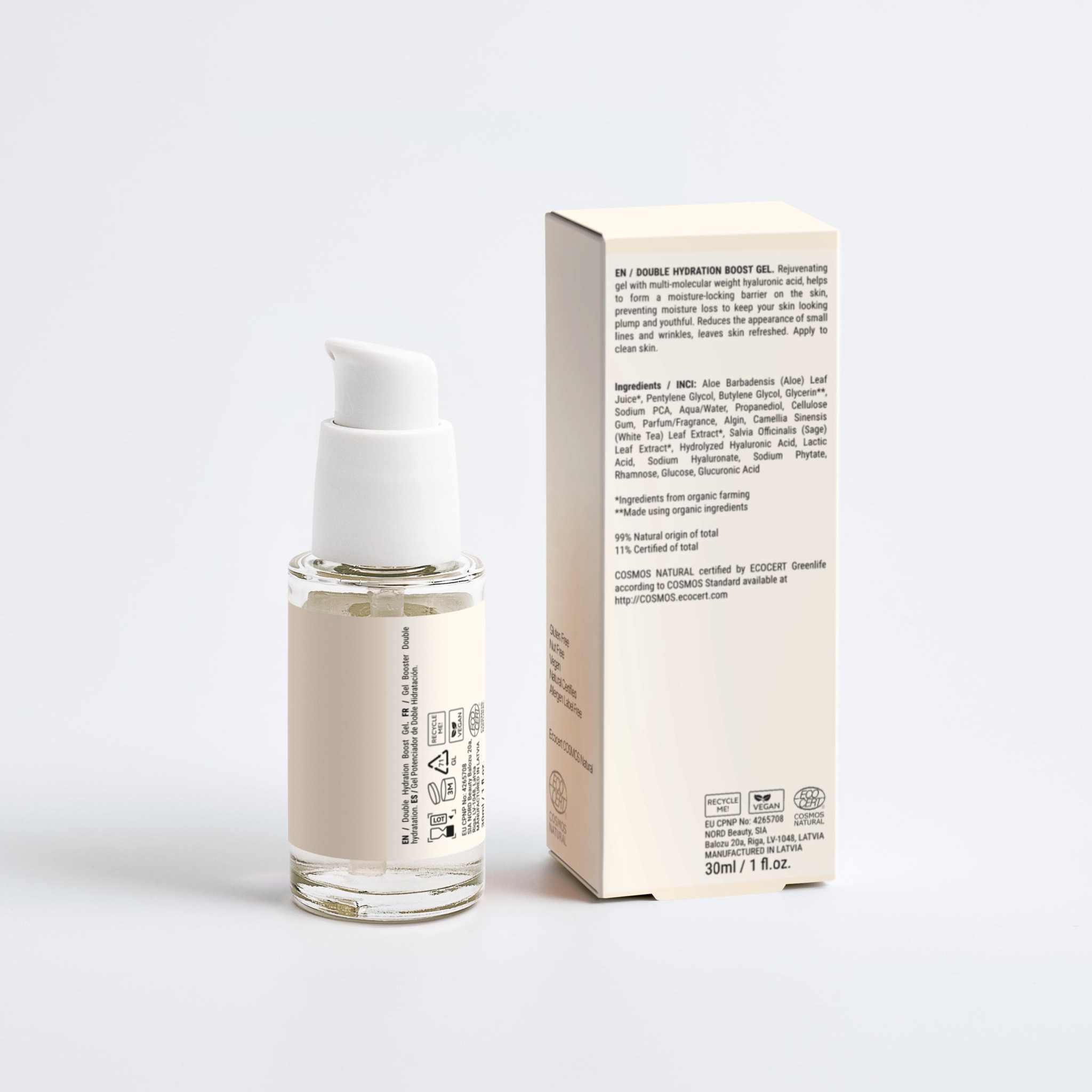 Double Hydration Gel with Hyaluronic Acid for deep skin moisture and smooth texture