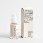 Skincare serum bottle with white cap and pinkish liquid next to its packaging on a light gray background