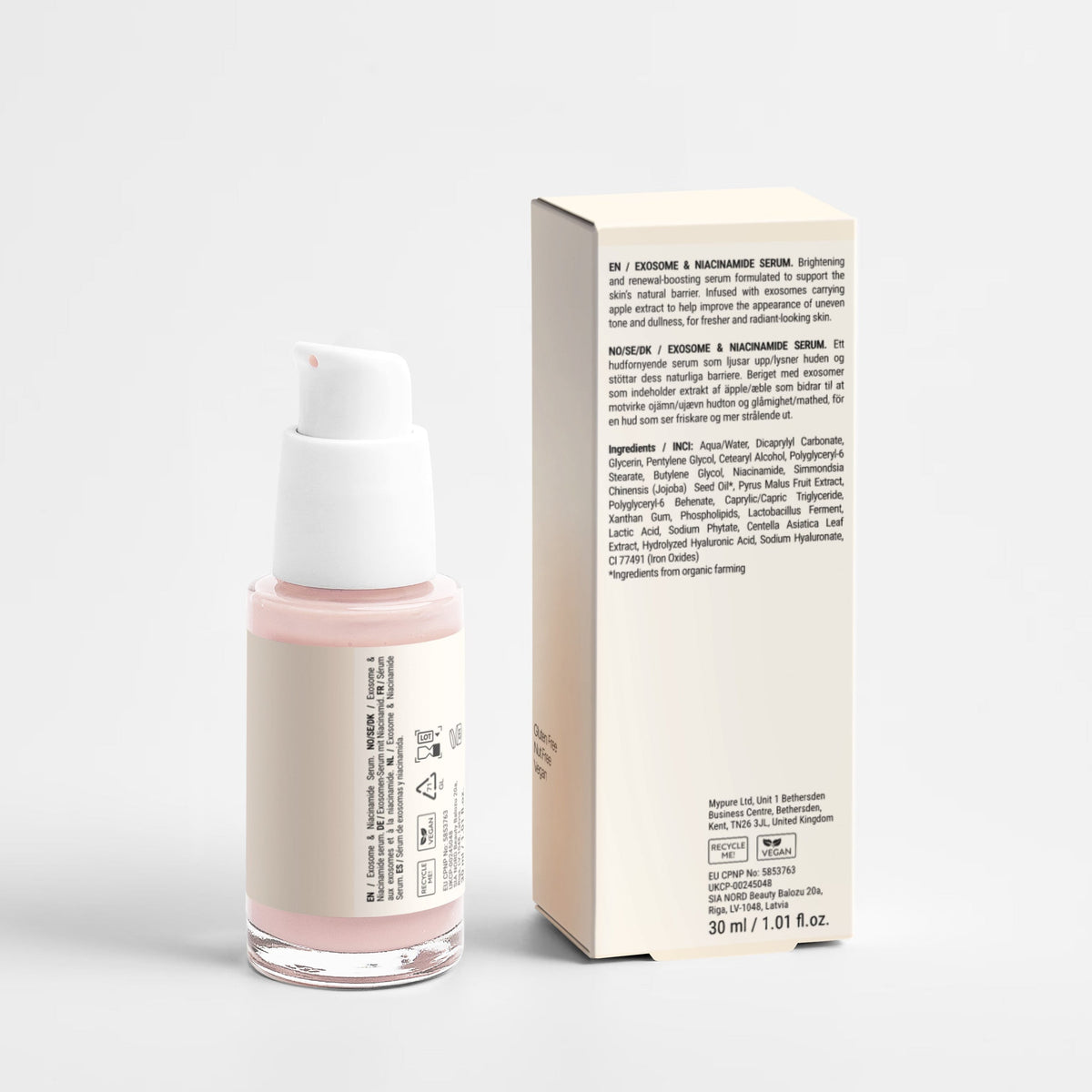 Skincare serum bottle with white cap and pinkish liquid next to its packaging on a light gray background