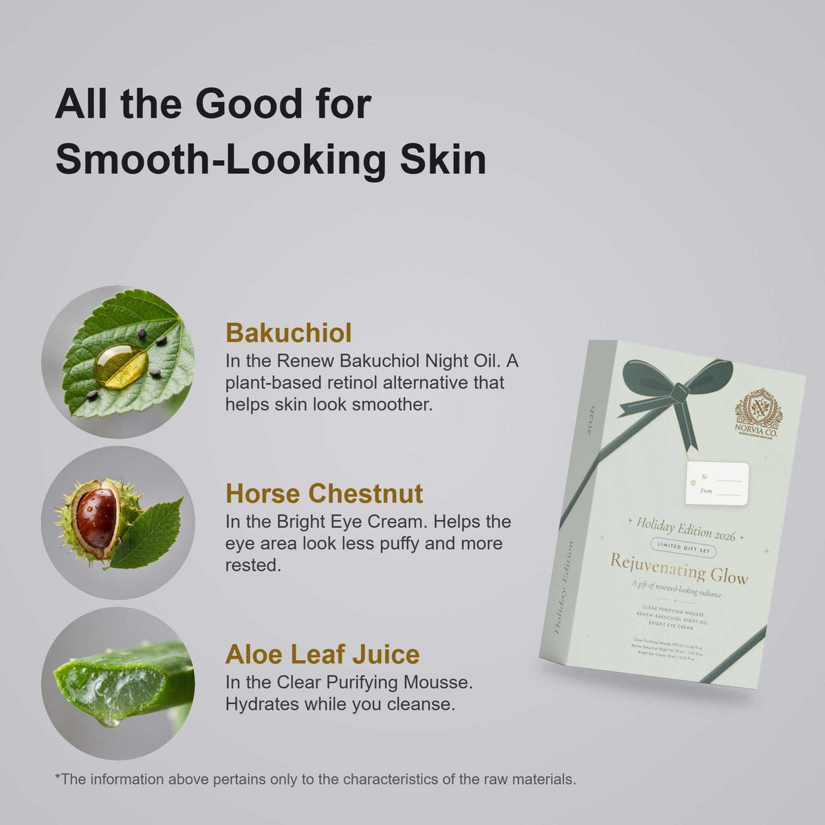 Rejuvenating Glow key ingredients: Bakuchiol, Horse Chestnut, Aloe Leaf Juice