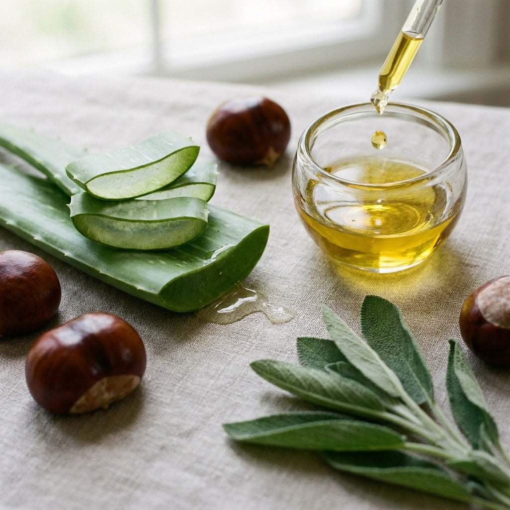 Botanical still life with aloe, horse chestnuts, sage and golden oil