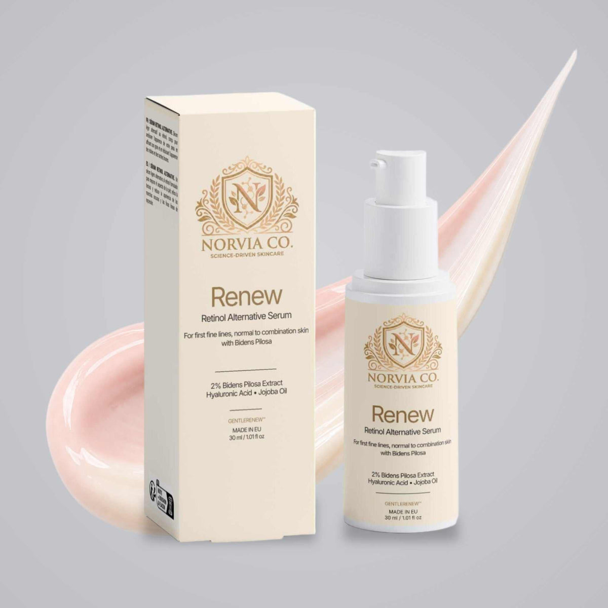 Norvia Co. Renew Retinol Alternative Serum bottle and box with pink serum texture