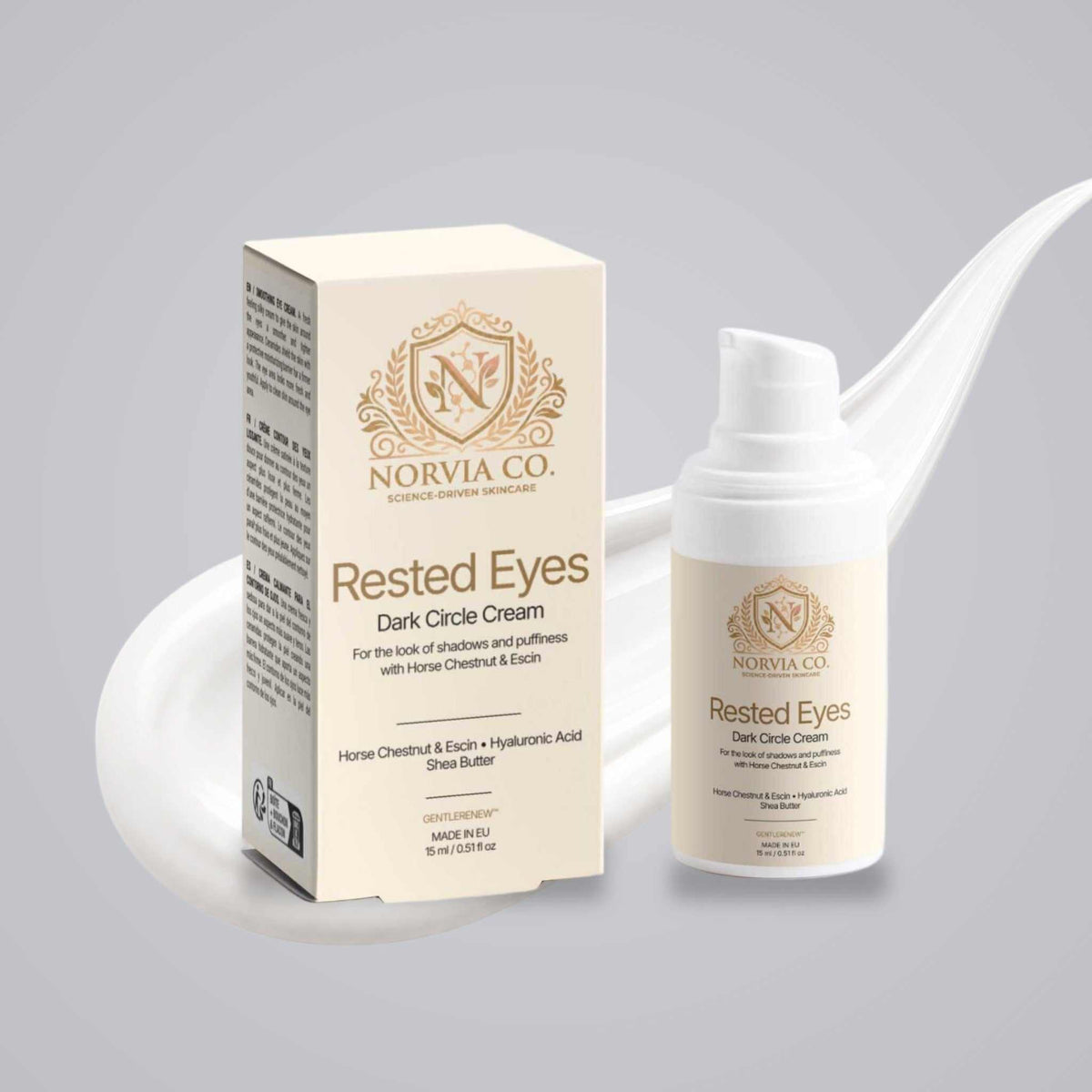 Norvia Co. Rested Eyes Dark Circle Cream, a dark circle eye cream, bottle and box with eye cream texture