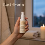 Retinol Alternative Serum in a cream-colored bottle with white pump, gold botanical label and Renew branding