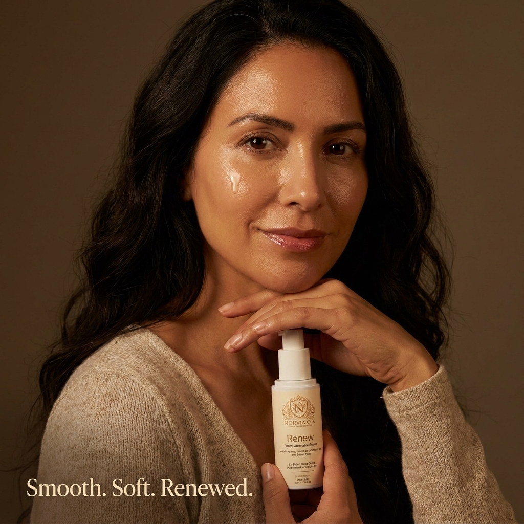 Retinol Alternative Serum in a cream pump bottle, held by a woman with a visible serum drop on her cheek