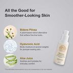 Retinol Alternative Serum in a white pump bottle with beige botanical label beside Bidens Pilosa, hyaluronic acid and aloe illustrations