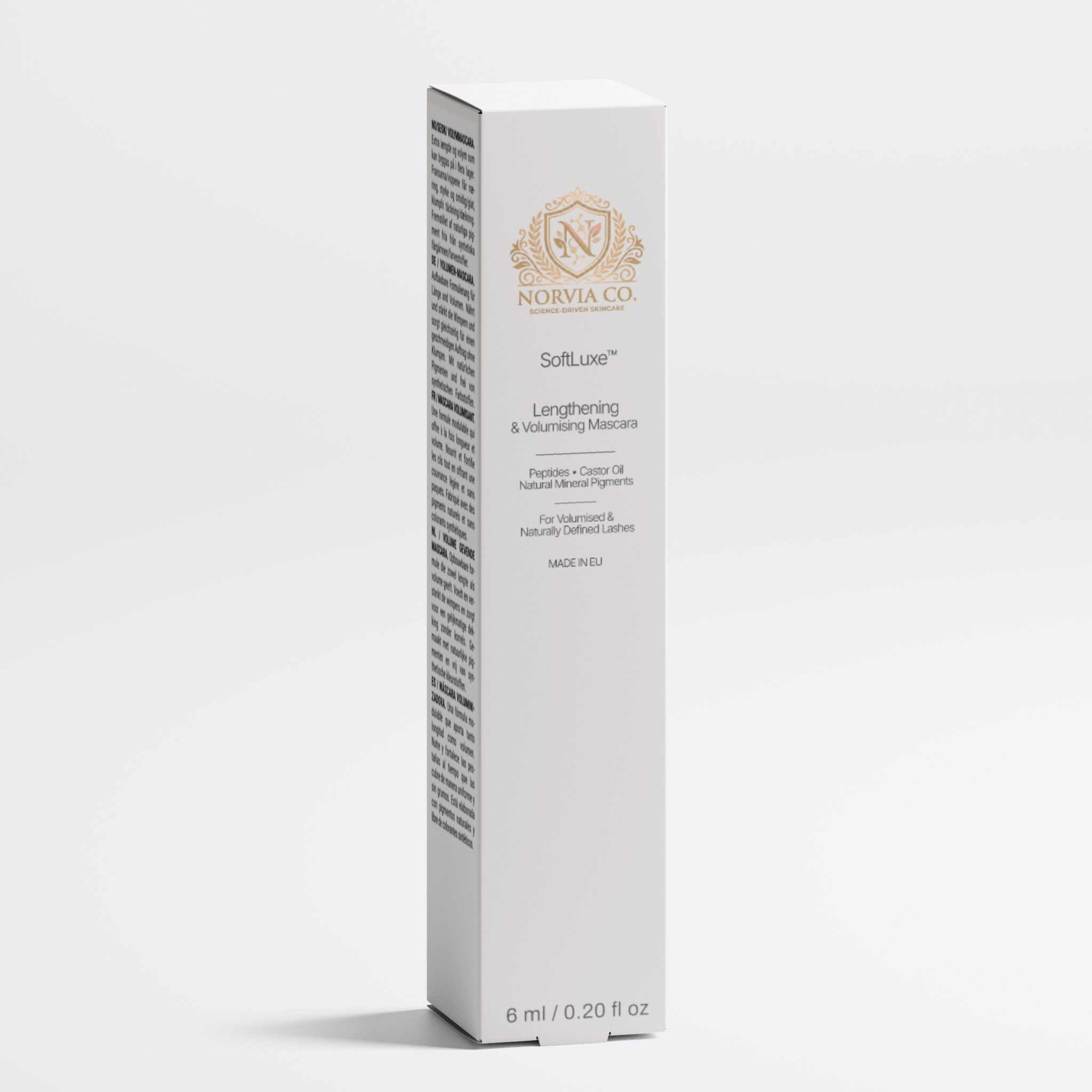 SoftLuxe Lengthening and Volumizing Mascara with Peptides in sleek black tube with precision brush