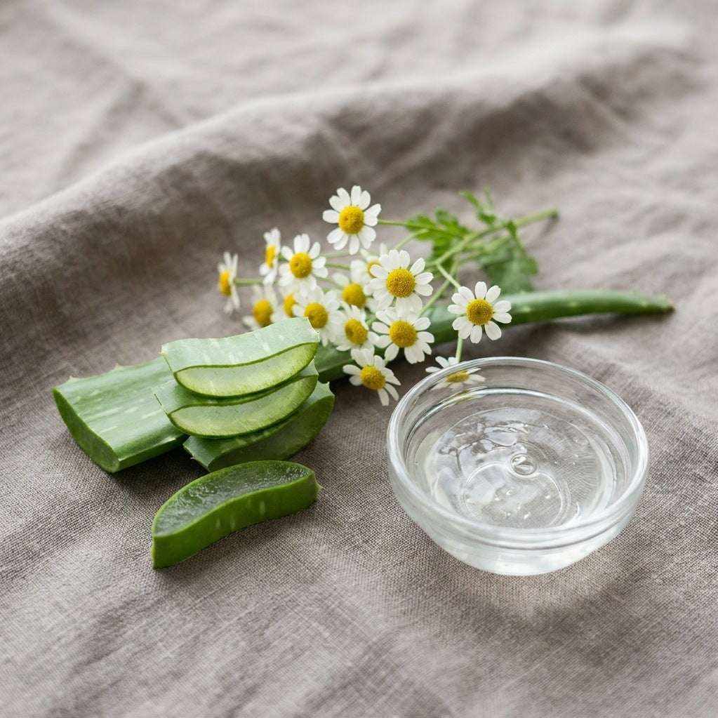 Skin Care Routine Kit shown with fresh aloe vera slices, white chamomile flowers and a bowl of clear gel