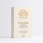 Skin Care Routine Kit in a cream Essentials Routine Set box with gold lettering and an ornate Norvia Co. emblem