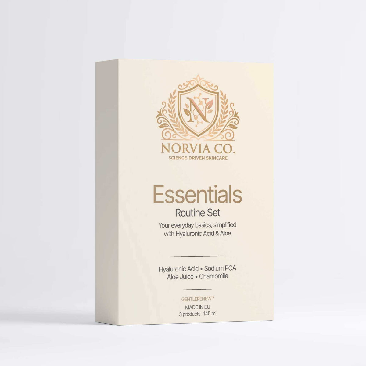 Skin Care Routine Kit in a cream Essentials Routine Set box with gold lettering and an ornate Norvia Co. emblem