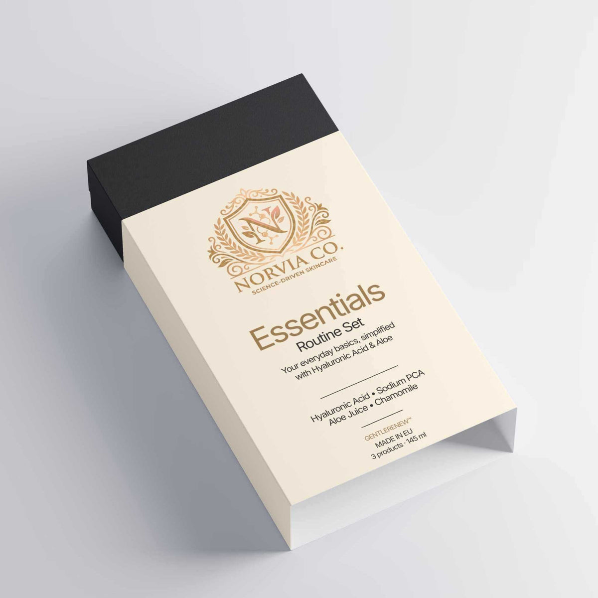 Skin Care Routine Kit in a cream and black cardboard box with gold Norvia branding and Essentials Routine Set label