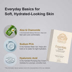 Skin Care Routine Kit featuring an Essentials Routine Set box and ingredient callouts for aloe, chamomile and hyaluronic acid