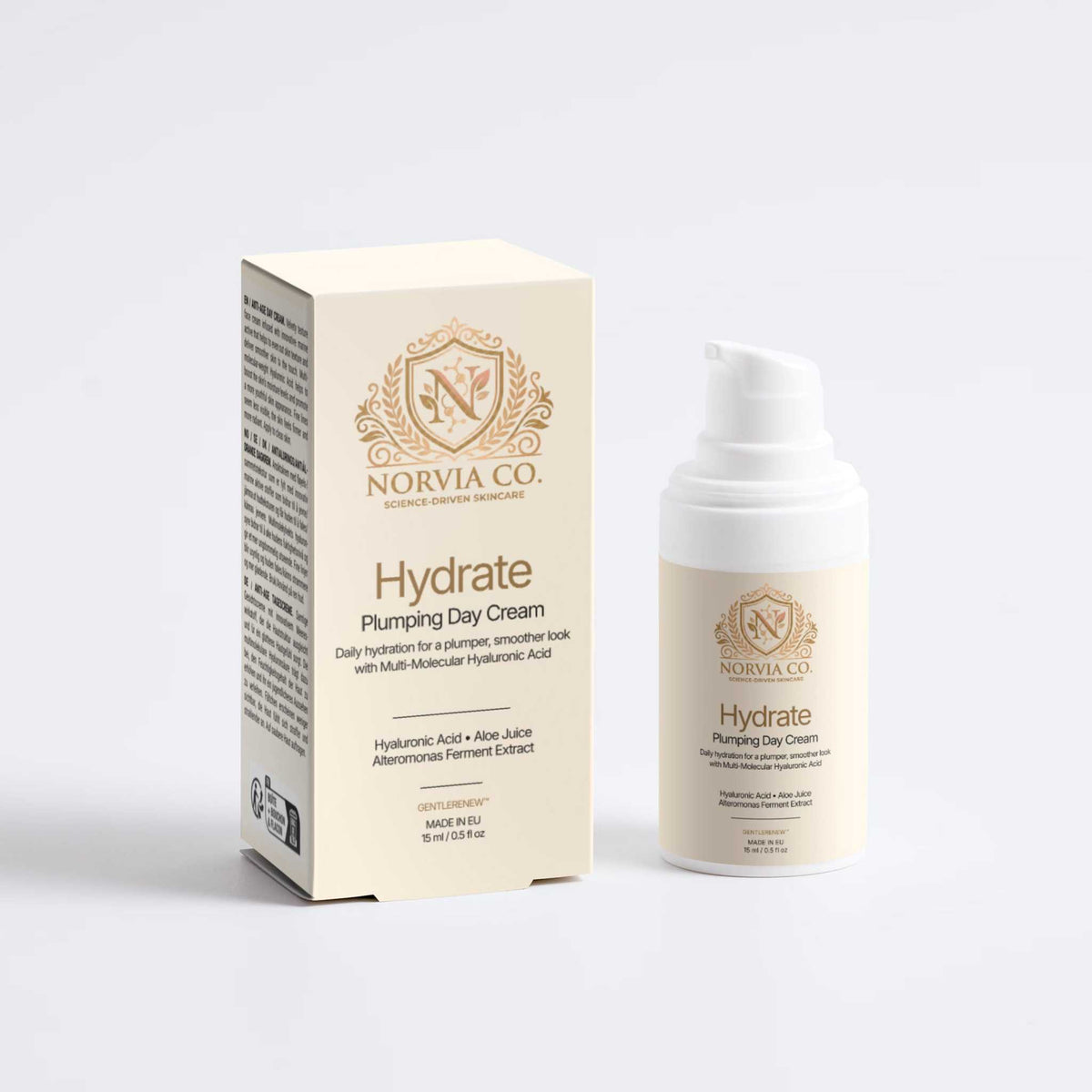 Skin Care Routine Kit featuring a cream-colored Norvia Hydrate Plumping Day Cream bottle and matching box with gold lettering