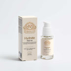 Skin Care Routine Kit featuring a cream-colored Hydrate Water Gel carton and clear glass pump bottle with gold lettering
