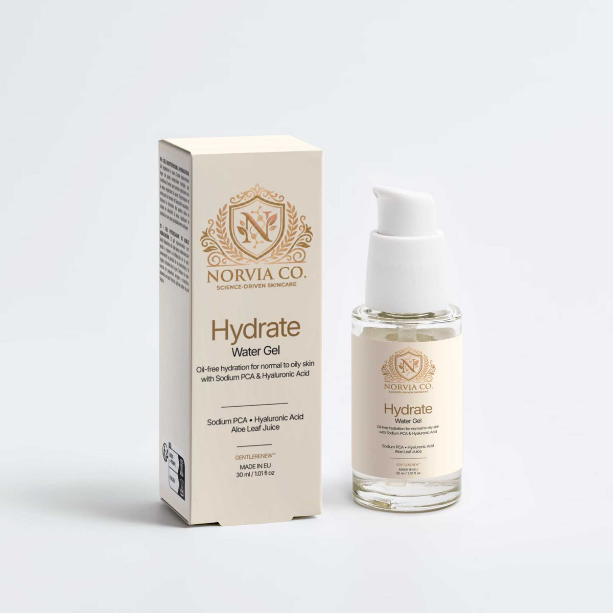Skin Care Routine Kit featuring a cream-colored Hydrate Water Gel carton and clear glass pump bottle with gold lettering