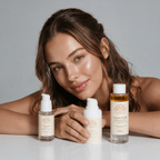 Skin Care Routine Kit with three white skincare bottles, two pumps and a clear amber two-phase remover bottle