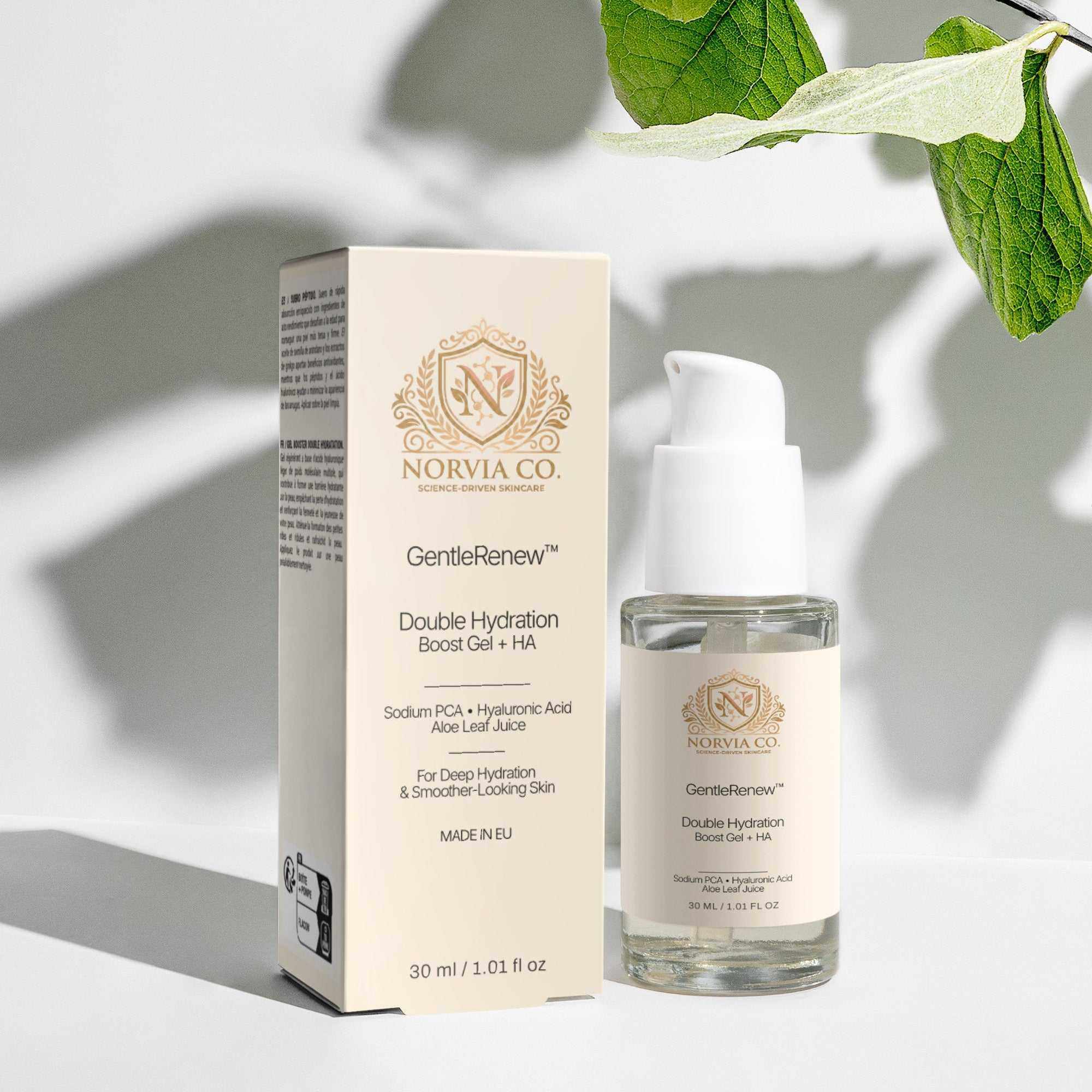 Double Hydration Gel with Hyaluronic Acid for deep skin hydration and smoothness