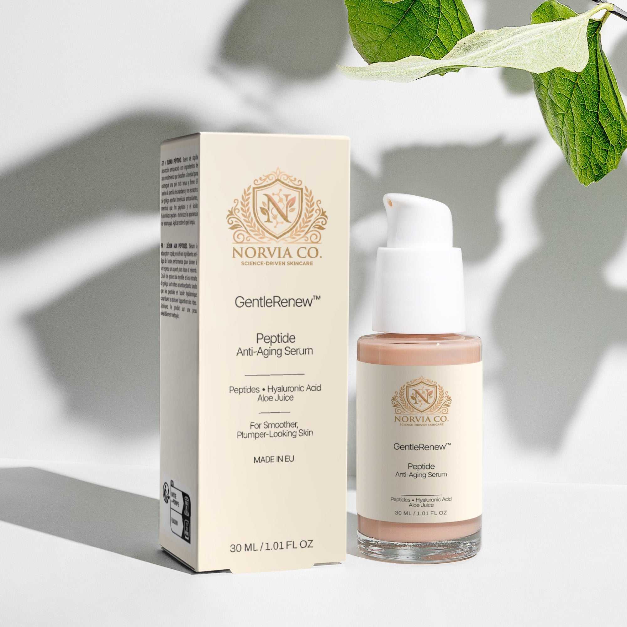 GentleRenew™ Peptide Anti-Aging Serum bottle with dropper on white background