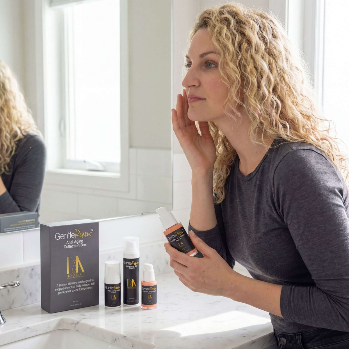 Woman applying skincare product in a bathroom setting with Gentle Rituals products.