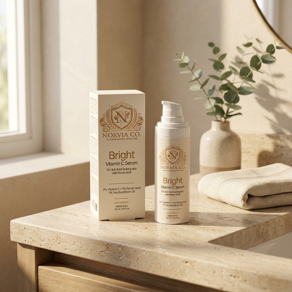 Vitamin C Serum in a cream pump bottle with a matching box, featuring gold Norvia branding and Bright labels