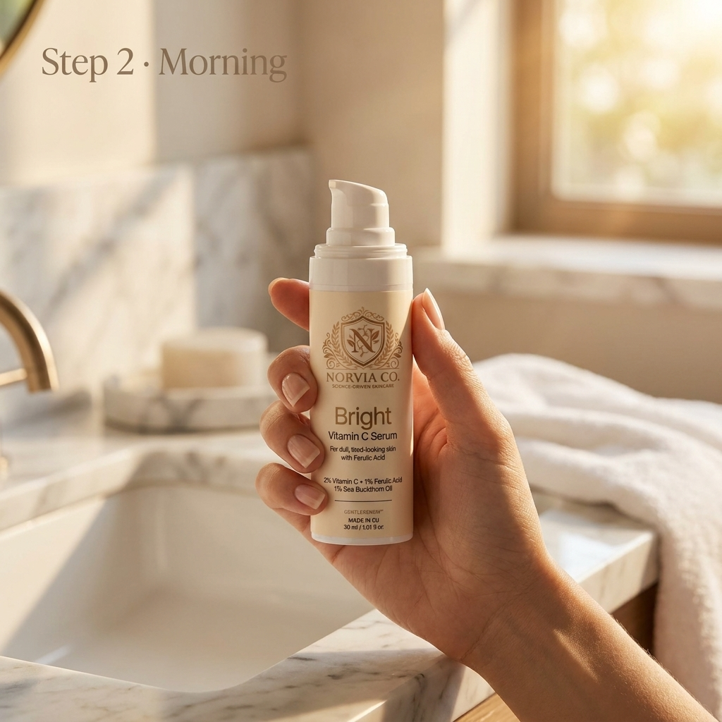 Vitamin C Serum in a cream-colored pump bottle with a beige label, gold botanical detailing and Bright branding