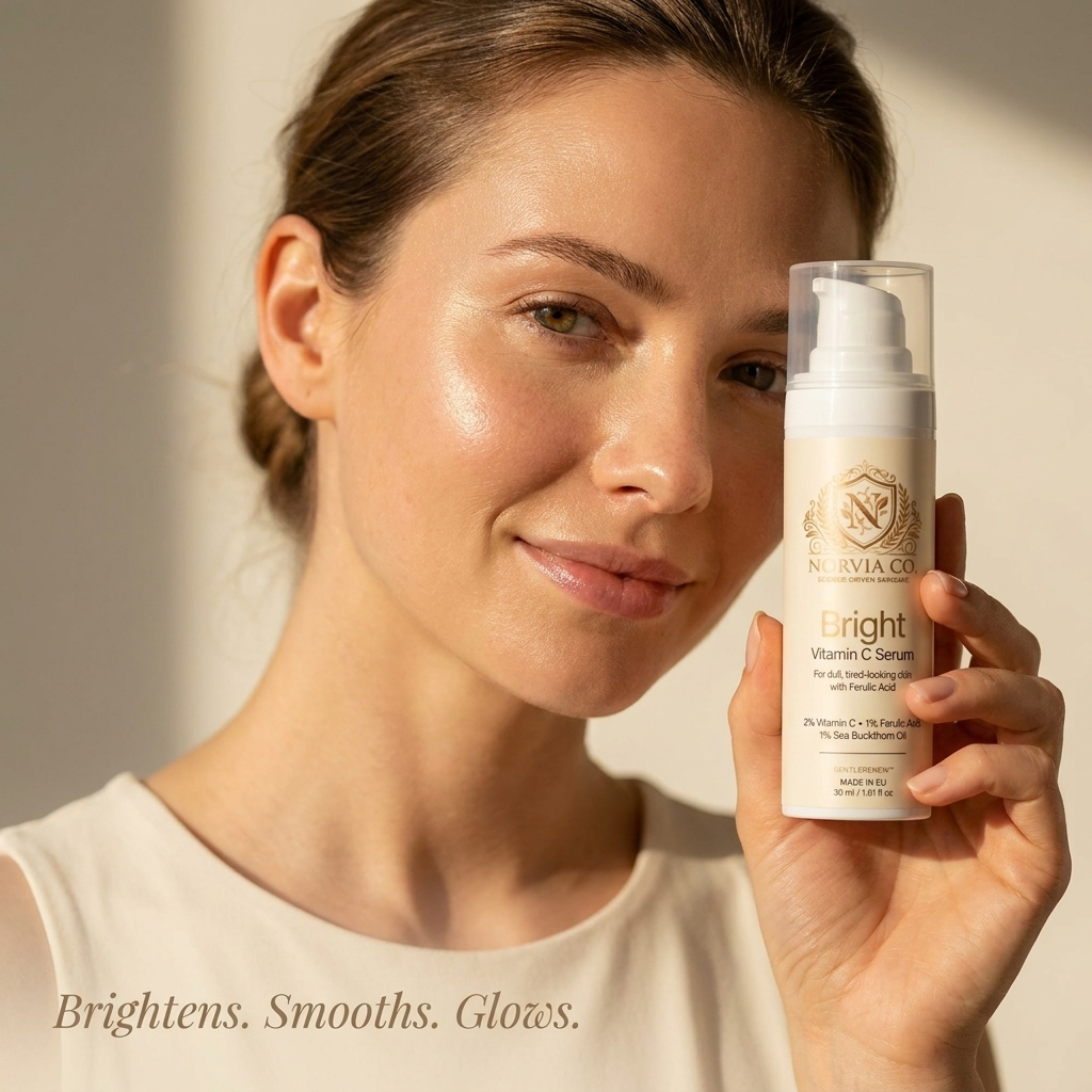 Vitamin C Serum in a white pump bottle with a gold label, held beside a woman's face; clear cap and Bright branding