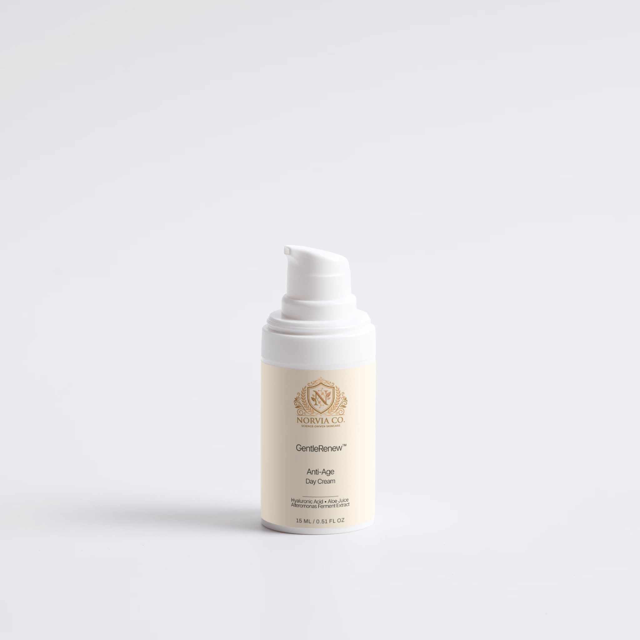 GentleRenew™ Anti-Aging Face Day Cream with Multi-Molecular Hyaluronic Acid in white jar with aloe and botanical ingredients